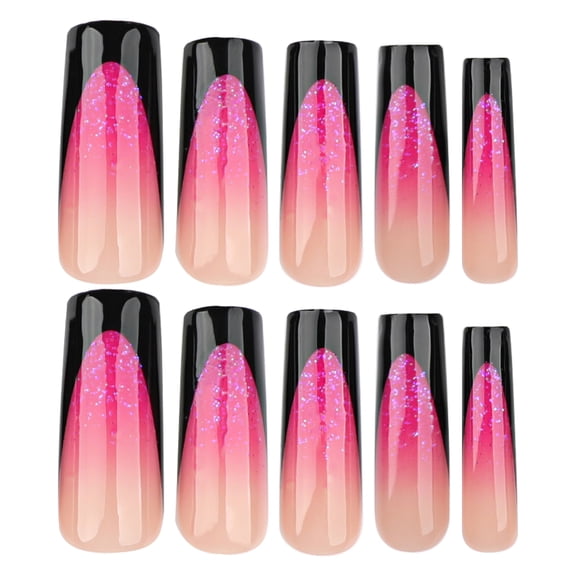 Pink Ombre with Black Tips Glitter Gradient Press on Nails, Medium Coffin Glossy False Nails, 24 Count