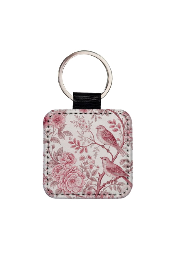 Pink On White Toile With Birds Faux Leather Square Keychain