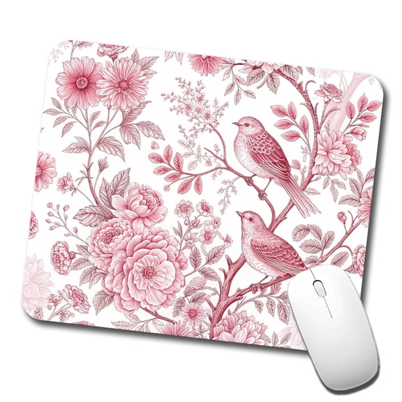 Pink On White Toile With Birds Mouse Pad Low Profile Gaming Mat