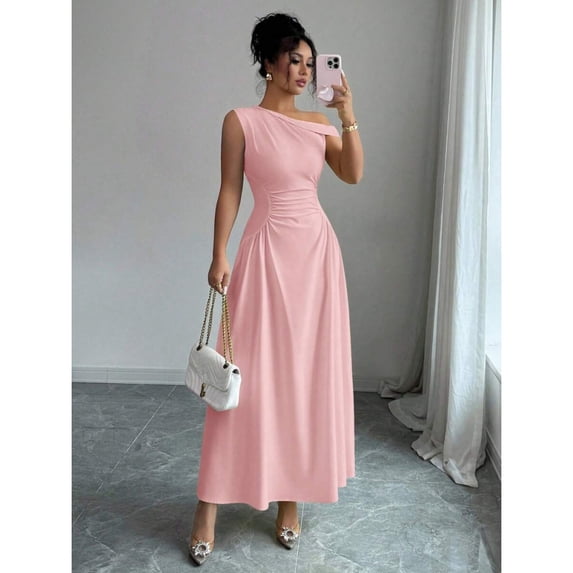 Pink One Shoulder Asymmetric Maxi Dress With Ruched Waist, Elegant Formal Evening Dress For Casual Vacations And Romantic Dates