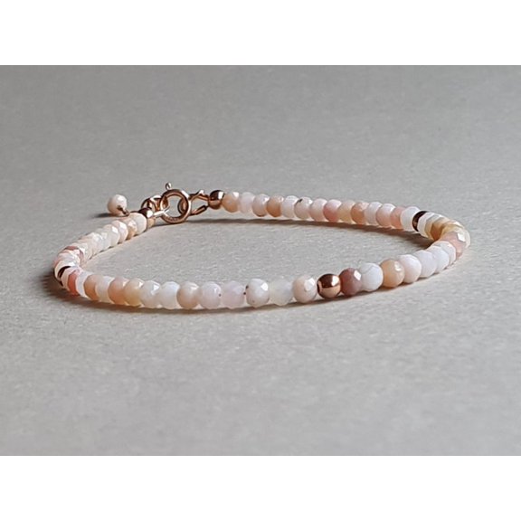 Pink Opal 3mm Round Shape Smooth Cut Beads 7 inch Adjustable Rosegold Plated Clasp Bracelet for men, women, unisex. Link Chain Stacking Bracelet.|LINK_05475