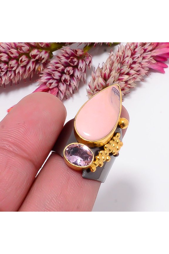 Pink Opal - Australia & Pink Kunzite Black And Gold Plated 925 Sterling Silver Ring s.6.5 Sku26, Pink Ring, Natural Gemstone Ring