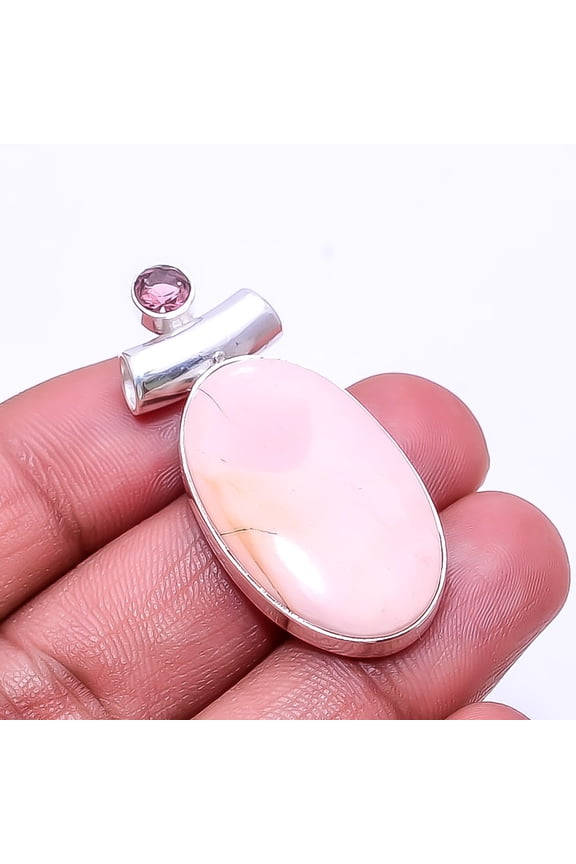 Pink Opal -Australia & Pink Rubellite Tourmaline 925 Sterling Silver Pendant 1.64", Pink Pink Opal Pendant P_9362_376_19