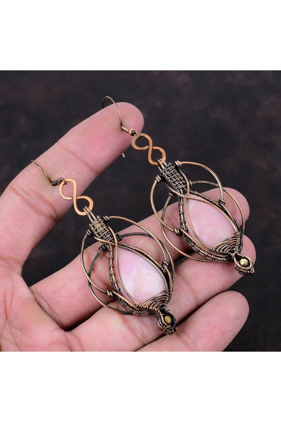 Pink Opal Jewelry Copper Mother Gift Wire Wrapped Drop/Dangle Earrings 3.39"