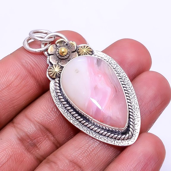 Pink Opal -Peru Oxidised Two Tone Designer 925 Sterling Silver Pendant 1.95", Pink Pink Opal Pendant P_8065_317_22