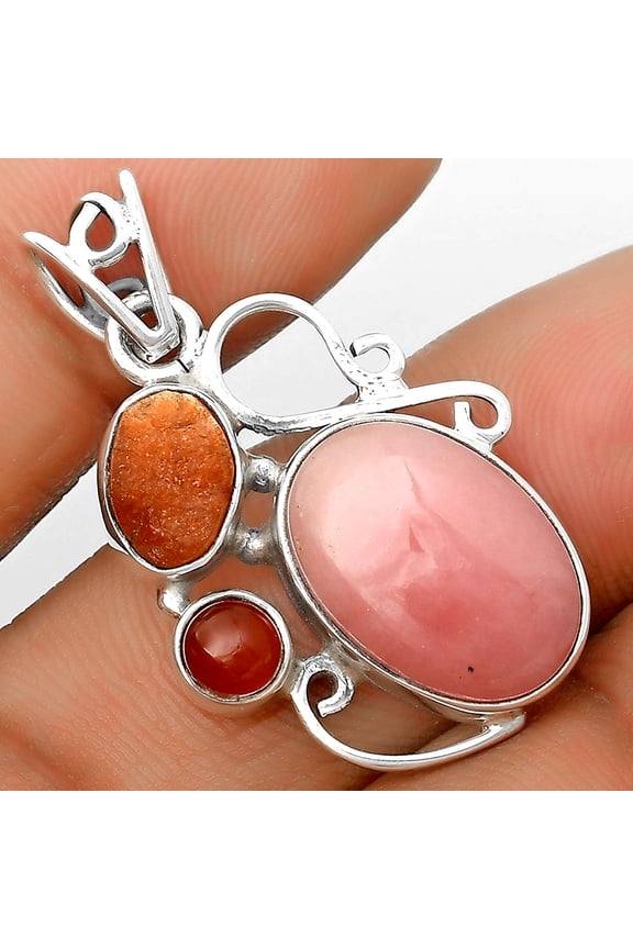 Pink Opal, Sunstone Rough & Carnelian 925 Sterling Silver Pendant Jewelry P-1557 SDP135366