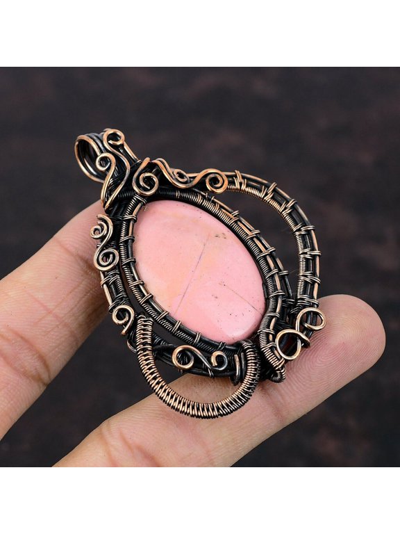 Pink Opal Wire Wrapped Pendant Handcrafted Copper Designer Jewelry 2.68"