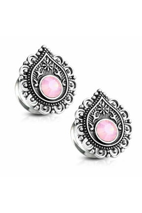 Pink Opalite Double Flared Tunnels Stone Centered Tear Drop Filigree
