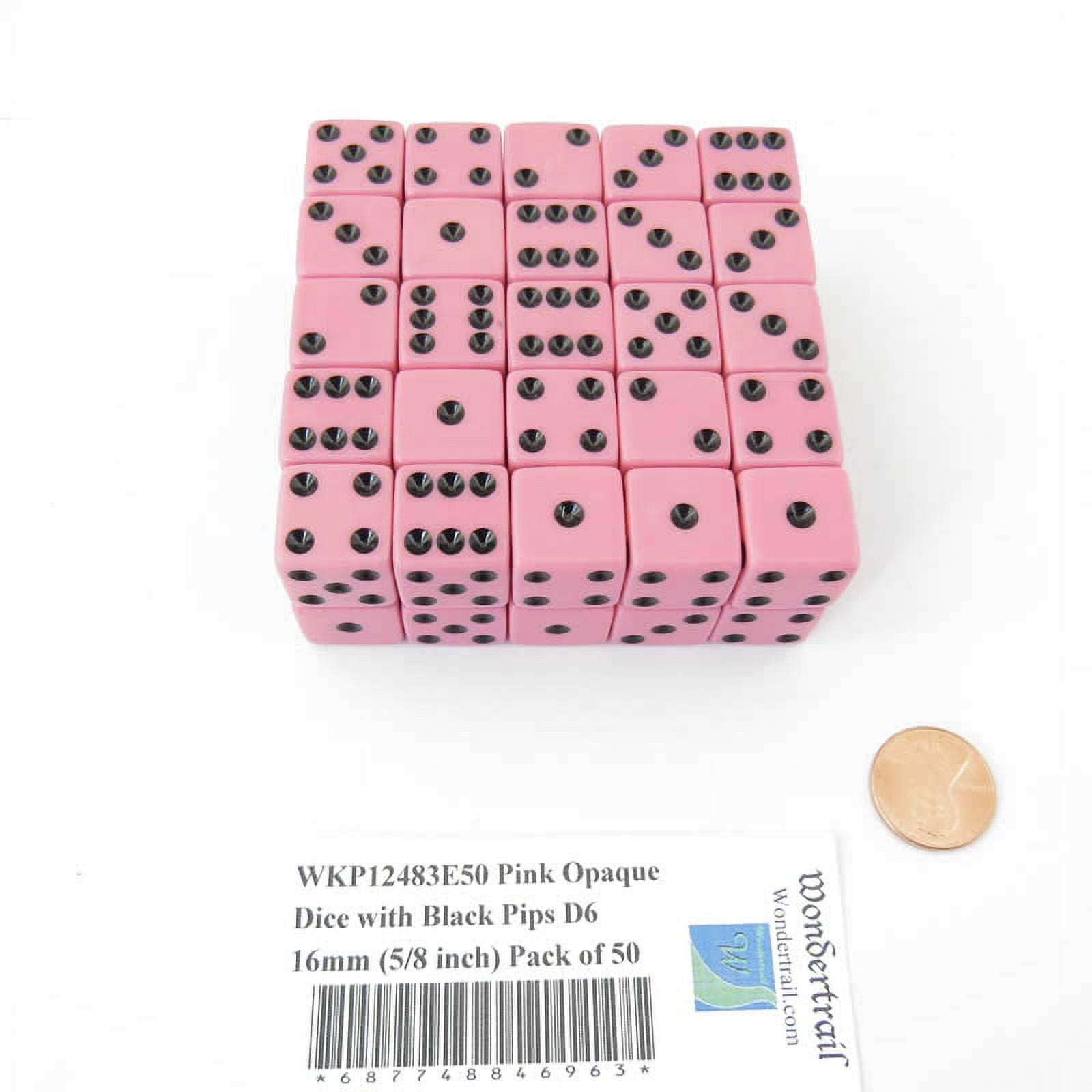 Pink Opaque Dice with Squared Corners Black Pips D6 16mm (5/8 inch) Pack of 50 Wondertrail
