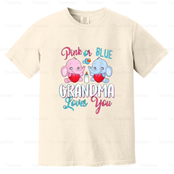 Pink Or Blue, Grandma Loves You, Elephants, Gender Reveal, Baby Shower Comfort Color T-Shirt Unisex, up to 4XL