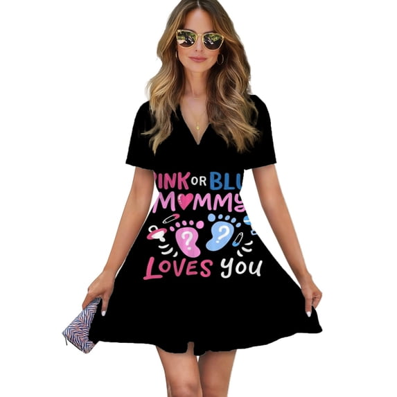 Pink Or Blue Mommy Loves You Women Dress V-Neck Short Sleeve Flowy Swing Party Midi Dress