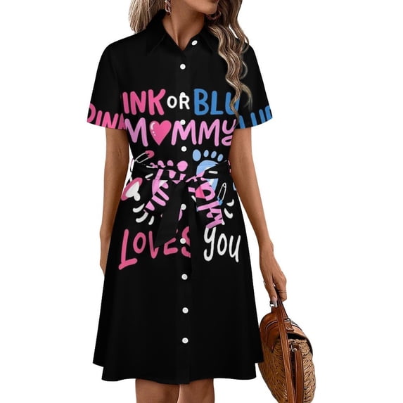 Pink Or Blue Mommy Loves You Womens Shirt Dresses Women'S Short Sleeve Dress Turn-Down Collar Dress A Line Casuall Dress Oversize(XS-6XL)