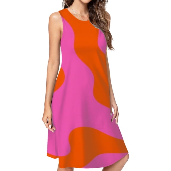Pink Orange Abstract Wavy Design Casual Sleeveless Loose Sundress Dress For Women Summer Dress Daily Woman