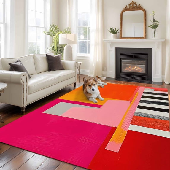 Pink Orange Area Rug 5x8 FT, Non Slip Bedroom Throw Carpet, Geometric Modern Abstract Oil Painting Washable Soft Floor Carpet Non-Shedding Rug for Living Room Nursery Dorm Office