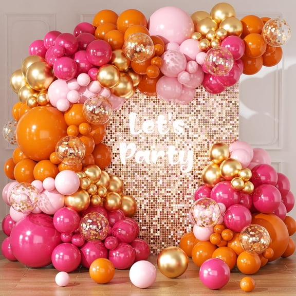 Pink and Orange Balloons Arch Kit - 164pcs Hot Pink and Orange Metallic Gold Confetti Balloons in Different Size 18 12 10 5inch for Summer Tropical Birthday Sunset Party Graduation Decorations