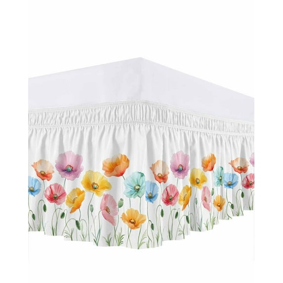 Pink Orange Blue Poppy Bed Skirt King Size 18" Drop Watercolor Flowers Plant Leaf Ruffled Wrap Around Bed Skirts Adjustable Elastic Bedskirt Dust Ruffle for King Size Bed