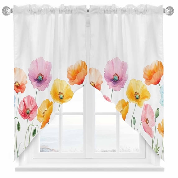 Pink Orange Blue Poppy Swag Valances for Windows 2 Pack Watercolor Flowers Plant Leaf Swag Kitchen Curtains 63 Inches Long Rod Pocket Short Window Treatment for Kitchen Bathroom 36"x63"