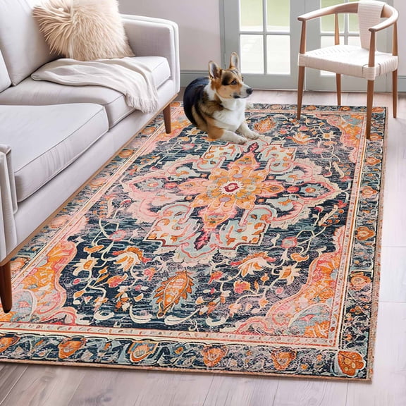 Pink Orange Blue Runner Rug 2.7x5 FT, Non Slip Entryway Carpet, Ethnic Middle Century Geometric Art Washable Soft Floor Carpet Entrance Mat Non-Shedding Throw Rug for Hallway Laundry Room Bedside