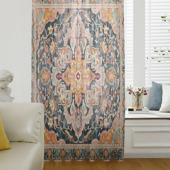 Pink Orange Blue Semi Sheer Curtains Drapes for Living Room, Bedroom, French Doors Window 45 Inches Long, Ethnic Middle Century Geometric Art Rod Pocket Chiffon Curtain Drapery Voile Draperies Panel