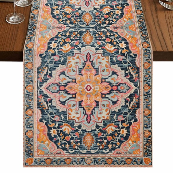 Pink Orange Blue Short Table Runner 60 Inches Long,Ethnic Middle Century Geometric Art Cotton Linen Table Runners Dresser Scarves,Tabletop Scarf Furniture Cover for Home Dinner Party Decor 13"x60"