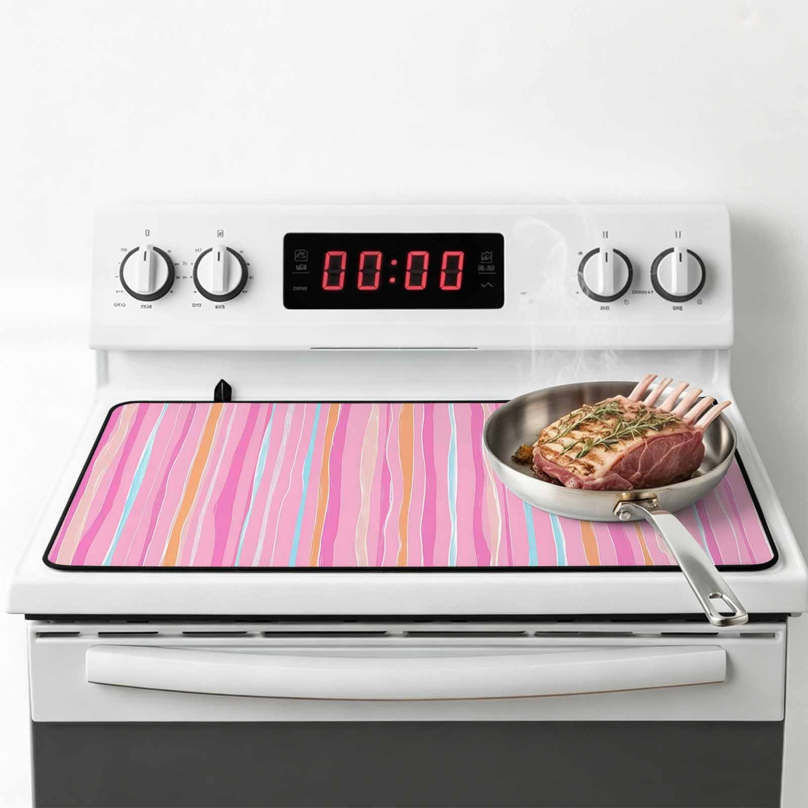 Pink Orange Blue Stripe Stove Top Cover for Electric Stove, Heat-proof & Non Slip Glass Top Stove Cover Protector, Modern Abstract Art Striped Farmhouse Kitchen Flat Cooktop Rubber Mat 24x21 Inches