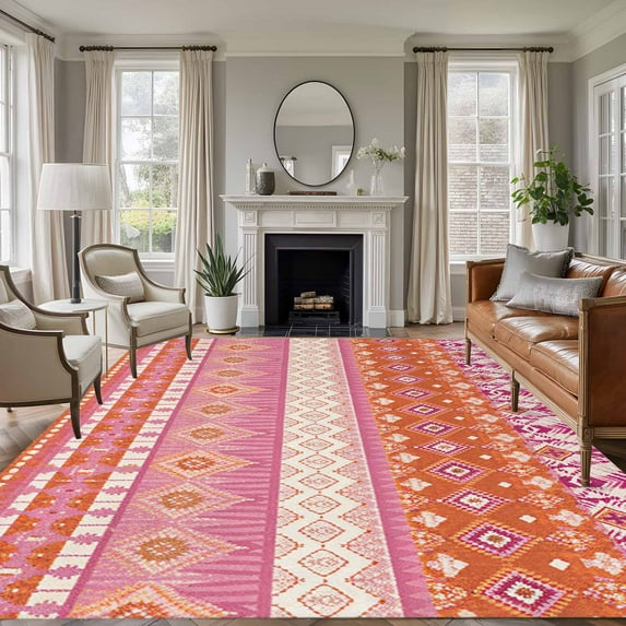 Pink Orange Boho Area Rugs 5'x8', Washable Small Throw Rugs for Classroom Bedroom, Vintage Ethnic Tribe Abstract Art Indoor Outdoor Rug Non-Slip Low Pile Carpet Runner Reversible Floor Mats