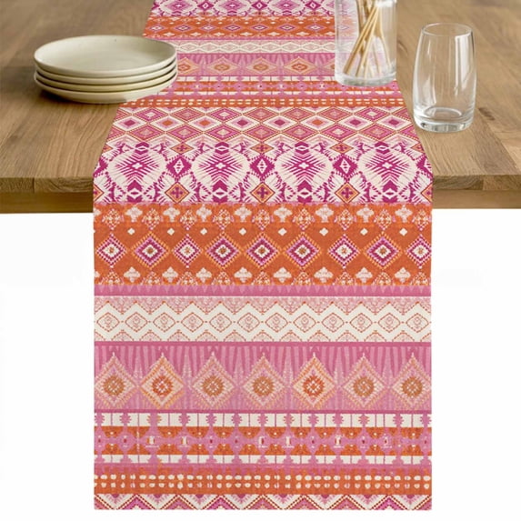 Pink Orange Boho Table Runner - 72 Inch Long Vintage Ethnic Tribe Abstract Art Cotton and Linen Blended Dress Scarves Farmhouse Table Runner for Kitchen Dining, Coffee Table, 13" x 72"