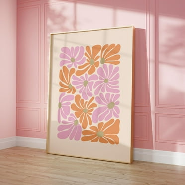 Pink & Orange Daisies Poster Retro Floral Wall Art, Flower Market Aesthetic Dorm Room Poster, Abstract Floral Art Print Wall Art, Modern Wall Decor, 8x12 UNFRAMED