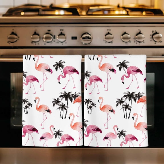 Pink Orange Flamingo Kitchen Towels Set of 1, Summer Tropical Palm Trees Absorbent Dish Towels for Kitchen, Microfiber Hand Towel, Quick Drying Tea Towel for Cleaning Decorative Dishcloths