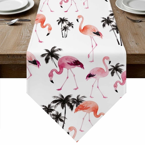 Pink Orange Flamingo Table Runner Linen Burlap Table Runner 48 Inches Long Summer Tropical Palm Trees Dresser Scarves for Kitchen Island Coffee Dining Room Party Wedding Banquet Holiday Decor 13"x48"
