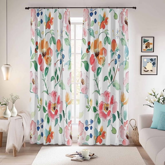 Pink Orange Floral Blackout Curtains for Bedroom/Living Room, Pinch Pleated Black Out Curtains, Summer Botanical Flower Leaf Room Darkening Window Drapes with Hooks 2 Panels, 59"x70"