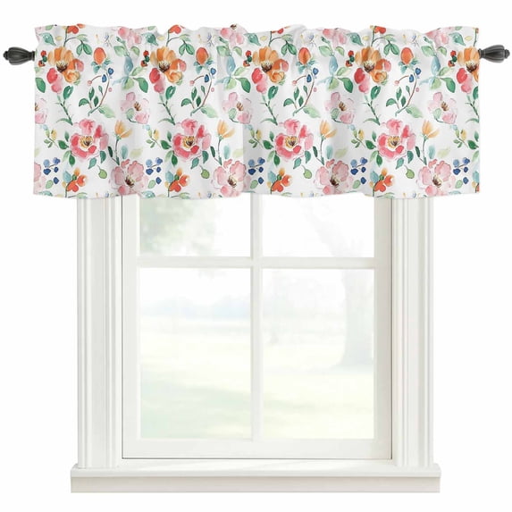 Pink Orange Floral Farmhouse Short Window Curtain Valances, Summer Botanical Flower Leaf Rod Pocket Kitchen Valances for Living Room Bedroom Bathroom Cafe 42" x 18"