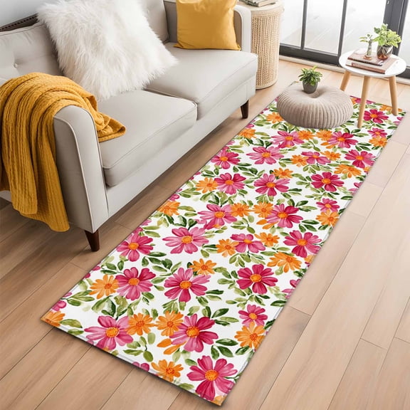 Pink Orange Floral Runner Rug 2x6 FT,Non Slip Hallway Rugs,Spring Blossom Botanical Flowers Washable Soft Floor Carpet Throw Runner Carpet Long Rugs for Entryway Kitchen Bedside Sliding Door