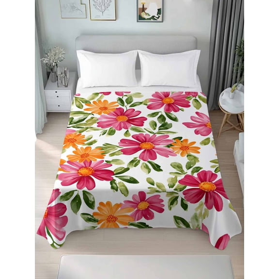 Pink Orange Floral Twim Size Flat Sheet, Wrinkleproof & Fadeproof Cooling Flat Bed Sheet Only, Spring Blossom Botanical Flowers Breathable Soft Bedding Top Sheets 66 x 96 Inches