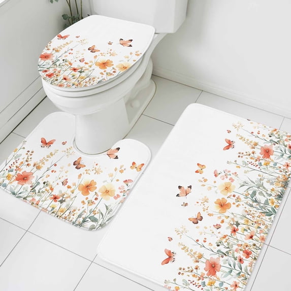 Pink Orange Flower Bathroom Rugs Set Watercolor Butterfly Non Slip Absorbent Soft Bath Mats 3 Piece Set with Bathroom Rug, U-Shaped Floor Mat, Toilet Seat Cover Small Size