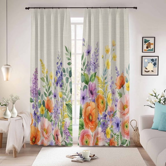Pink Orange Flowers Blackout Curtains for Bedroom/Living Room, Pinch Pleated Black Out Curtains, Spring Floral Farmhouse Botanical Rustic Room Darkening Window Drapes with Hooks 2 Panels, 59"x70"