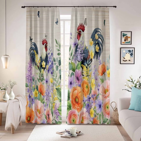 Pink Orange Flowers Blackout Curtains for Bedroom/Living Room, Pinch Pleated Black Out Curtains, Spring Floral Rooster Farmhouse Room Darkening Window Drapes with Hooks 2 Panels, 39"x70"