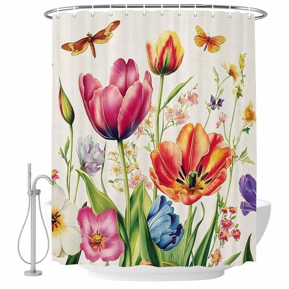 Pink Orange Flowers Fabric Shower Curtain Retro Butterfly Leaves Washable Shower Curtains for Bathroom, Waterproof Bath Curtain with Hooks Home Decor 36x72in