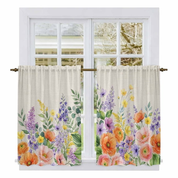 Pink Orange Flowers Kitchen Curtains 45 Inch Length, Spring Floral Farmhouse Botanical Rustic Tiers Curtains for Bathroom Bedroom Cafe, Light Filtering Window Treatment Drapes 2 Panels 42"Wx45"L