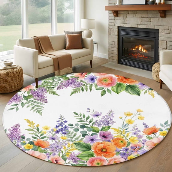 Pink Orange Flowers Round Area Rug 8Ft Washable Large Circle Rugs for Living Room Dorm, Spring Floral Farmhouse Botanical Non-Slip Carpet Floor Mats Indoor Outdoor Carpet Runner Aesthetic Home Decor
