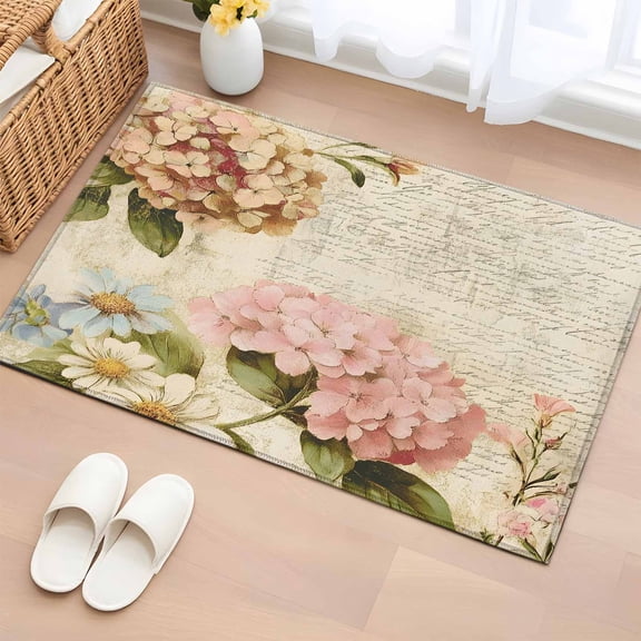 Pink Orange Hydrangea Bathroom Rug Washable 2x3 Entryway Rug Non Slip Spring Vintage Botanical Flowers Front Door Mat Low Pile Indoor Doormat Throw Floor Carpet for Kitchen Bedroom Entrance