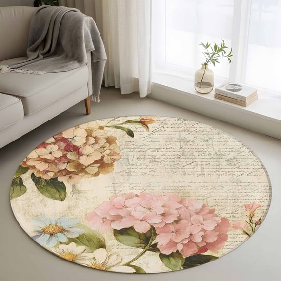 Pink Orange Hydrangea Round Rug 4ft Washable Circle Entryway Rugs Non Slip Spring Vintage Botanical Flowers Area Rug Indoor Floor Carpet for Bedroom Kitchen Living Room Home Office Dining Room