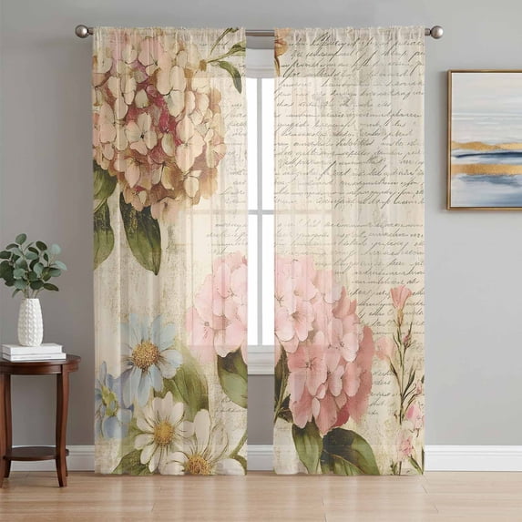 Pink Orange Hydrangea Sheer Curtains 63 Inch Length 2 Panels Set, Spring Vintage Botanical Flowers Voile Window Treatment Rod Pocket Curtains Sheers Drapes for Bedroom/Living Room/Kitchen 52x"63"x2