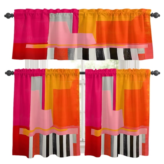 Pink Orange Kitchen Curtains, Kitchen Curtains and Valances Set of 3, Geometric Modern Abstract Oil Painting Light Filtering Tailored Tier Curtain 24 Inch Length Drapes for Cafe Sink Bedroom