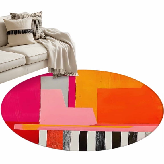 Pink Orange Large Area Rugs for Bedroom Living Room, Soft Non Slip Carpet Bedside Rug, Geometric Modern Abstract Oil Painting Round Floor Cover Kitchen Accent Rug 3' for Dining Room/Office