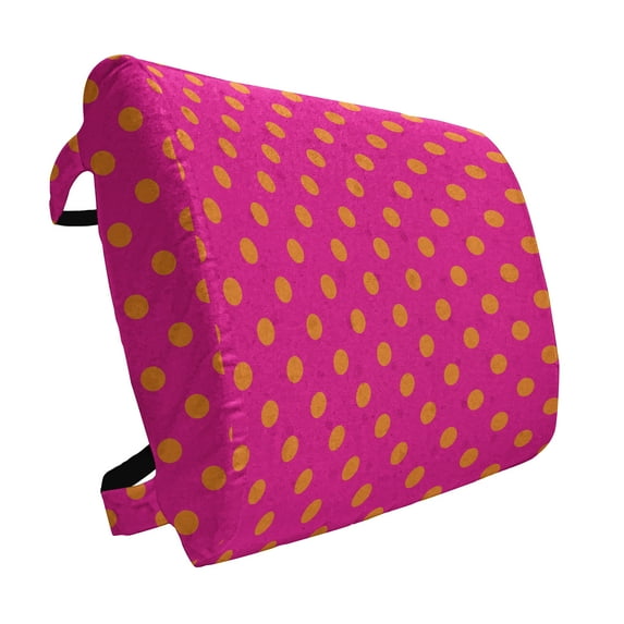 Pink and Orange Lumbar Pillow, Warm Colored Polka Dots Pattern Traditional Design Abstract Shapes, Soft Back Cushion for Office Chairs with Adjustable Straps, 14" x 13", Pink and Orange, by Ambesonne