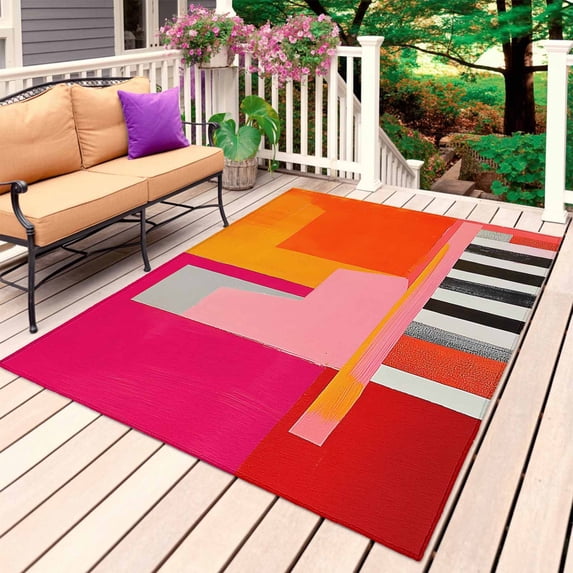 Pink Orange Outdoor Rug for Patio/Deck/Porch, Non-Slip Large Area Rug 6 x 9 Ft, Geometric Modern Abstract Oil Painting Indoor Outdoor Rugs Washable Area Rugs, Reversible Camping Rug Carpet Runner
