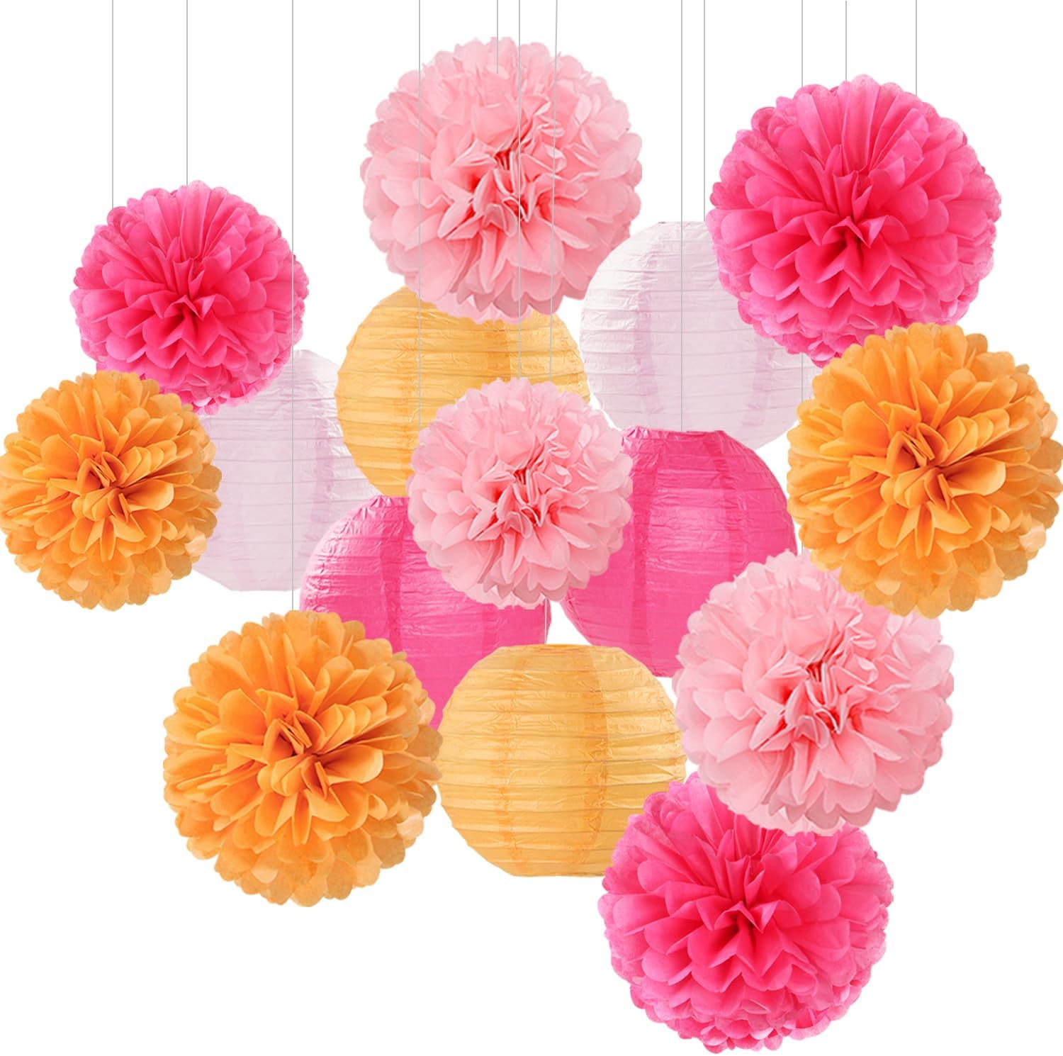 Pink-Orange Party-Decorations Paper-Flowers Lanterns - 15PCS Fall Wedding Birthday Tissue Pom Poms Streamers,  Baby Bridal Shower Graduation Sunset Hanging Supplies Decor