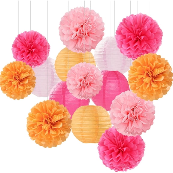 Pink-Orange Party-Decorations Paper-Flowers Lanterns - 15PCS Fall Wedding Birthday Tissue Pom Poms Streamers,  Baby Bridal Shower Graduation Sunset Hanging Supplies Decor