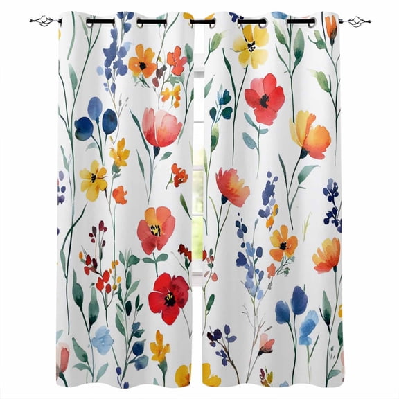 Pink Orange Poppies Blackout Curtains for Bedroom/Living Room, Thermal Insulated Kitchen Curtains, Pastoral Elegant Flowers Leaves Grommet Darkening Window Treatment Drapes 42"x84"x2